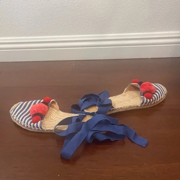 J. Crew Blue stripe & Red pompom Espadrille Sandals with Ribbon Ties - Picture 9 of 11